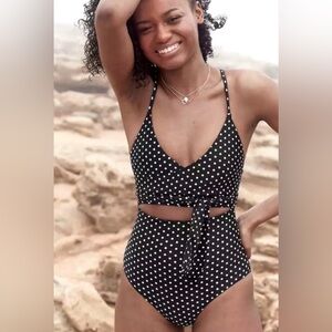 aerie Black & White Polka Dot bikini wrap bikini top